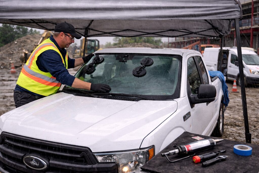 Technician replacing Ford F150 windshield under canopy in rainy job site conditions for SLP Autoglass.