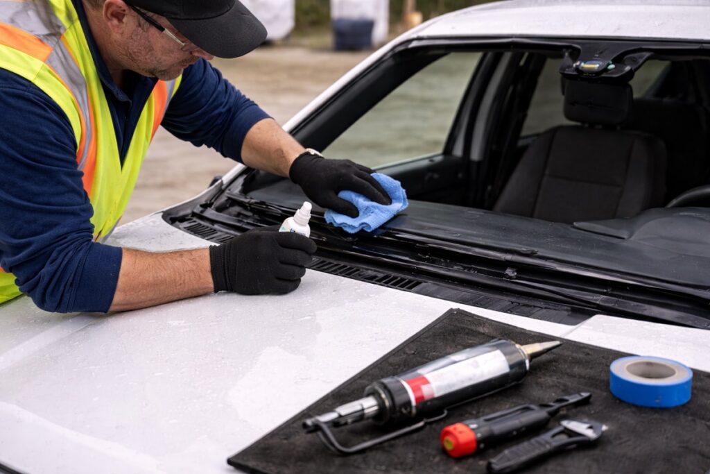 Technician cleaning windshield frame surface before installation on work truck for SLP Autoglass.