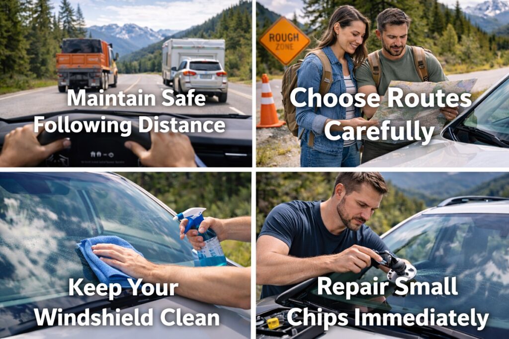 Windshield damage prevention tips for road trips including safe driving distance and chip repair | SLP Autoglass