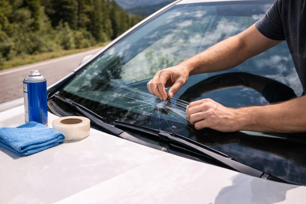 Applying tape to cracked windshield during road trip emergency | SLP Autoglass repair service
