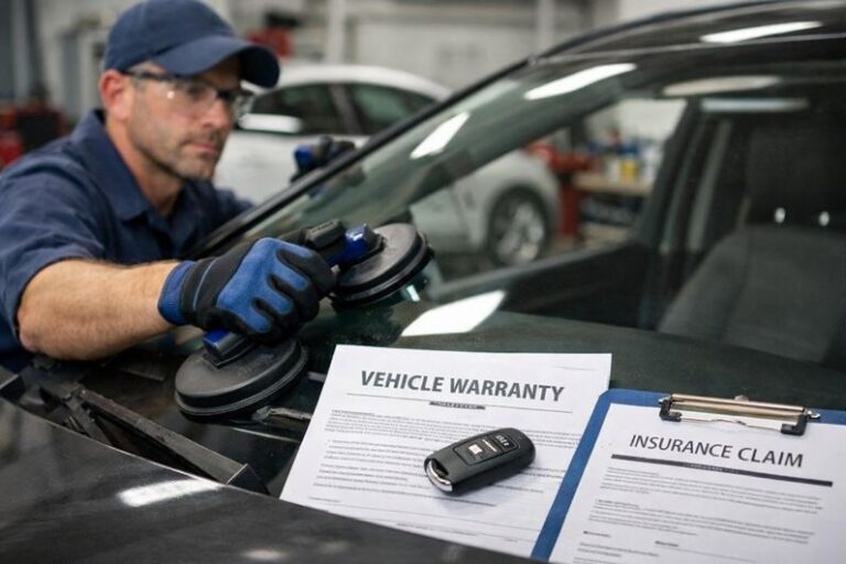 Windshield replacement technician installing glass with warranty and insurance documents on vehicle hood at SLP AutoGlass shop