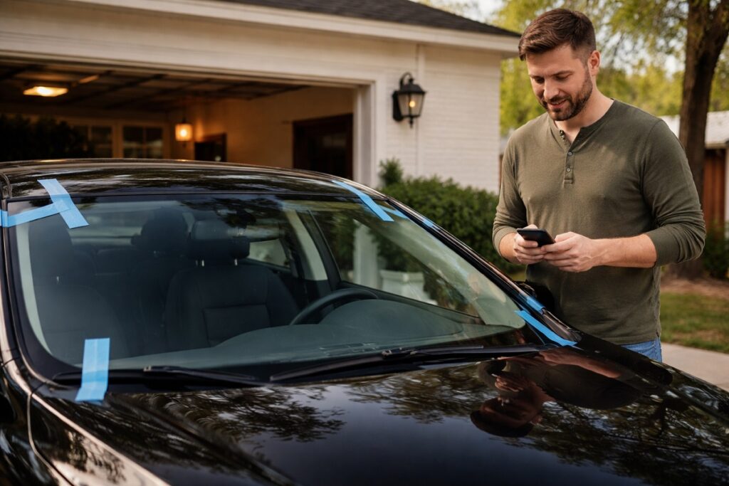 Customer letting new windshield cure with blue retention tape after auto glass replacement