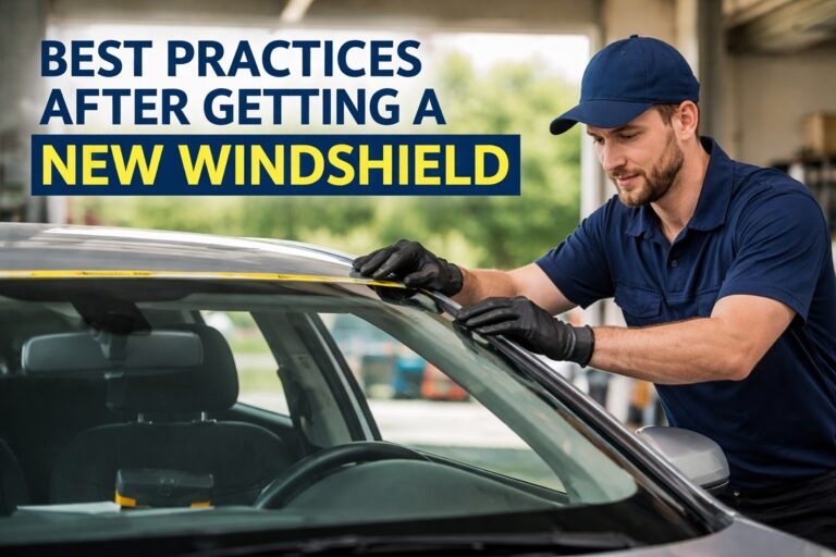 Technician installing new windshield with proper sealing for safe auto glass replacement
