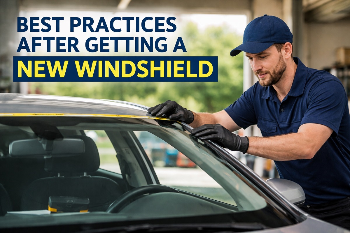 Technician installing new windshield with proper sealing for safe auto glass replacement
