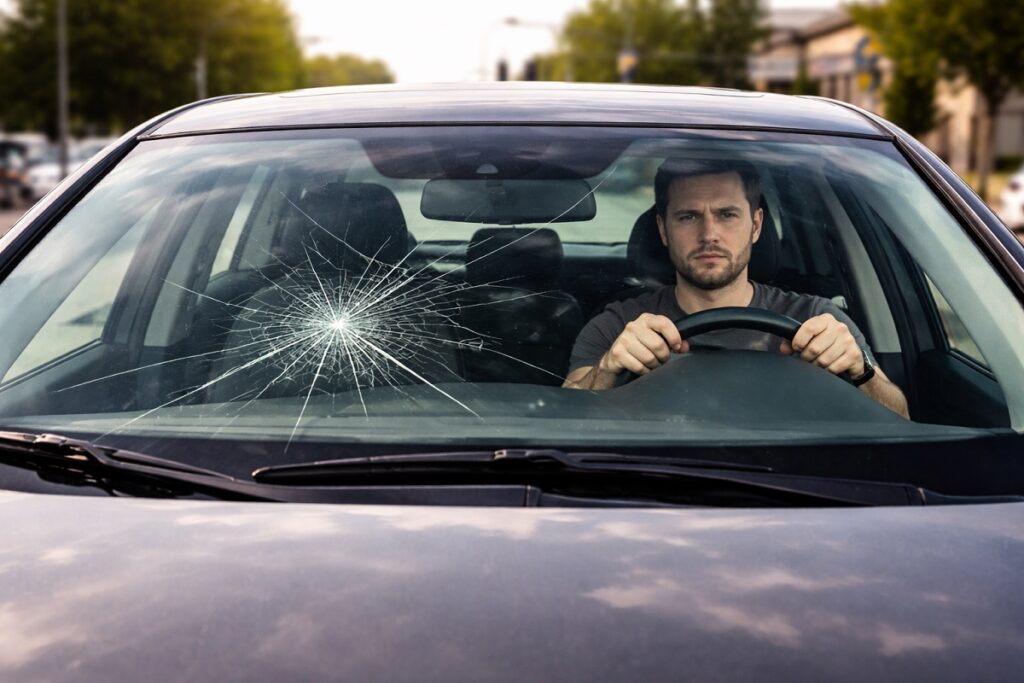 Driver operating vehicle with cracked windshield affecting visibility