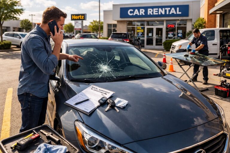 Cracked windshield on rental car being documented for repair