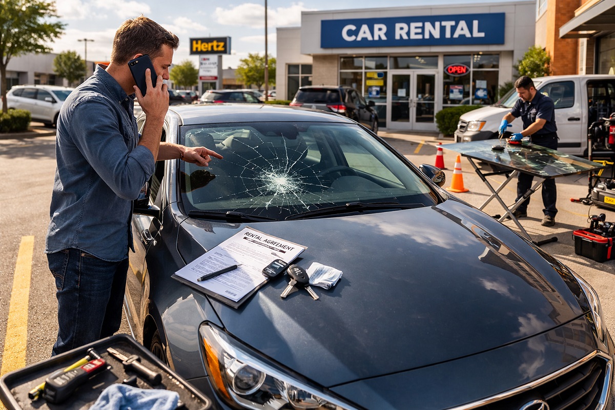 Cracked windshield on rental car being documented for repair