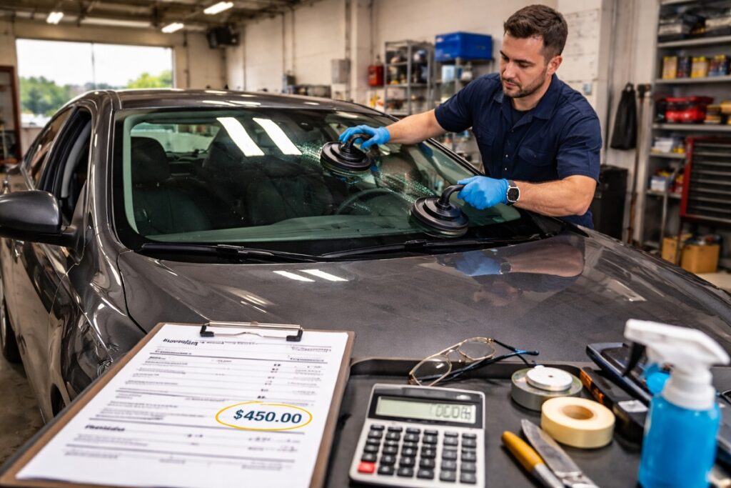 Auto glass technician replacing windshield with repair cost estimate on workbench
