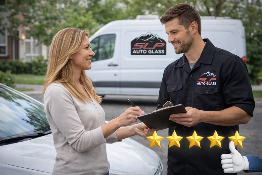 Customer signing auto glass service form with technician near SLP Autoglass service van