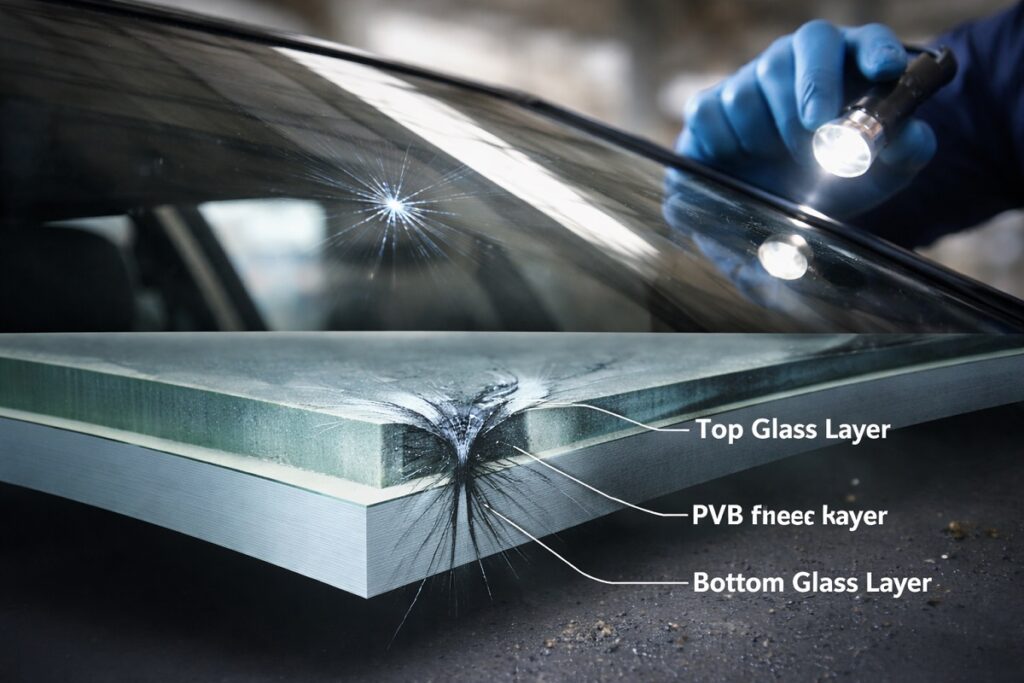 Windshield chip showing damage depth through laminated glass layers inspected by technician at SLP Autoglass
