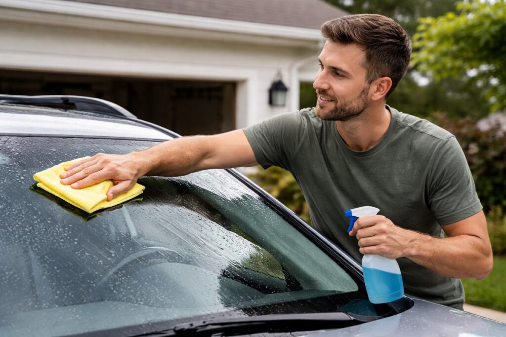 Man cleaning windshield with microfiber cloth and glass cleaner after replacement