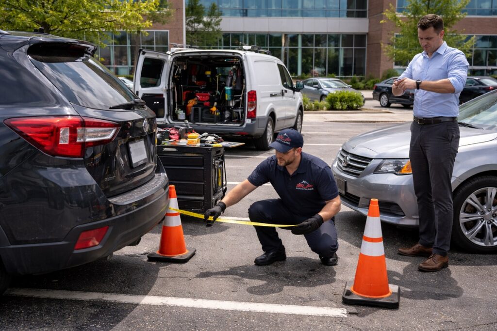 Technician performing windshield replacement in a busy office parking lot with limited space