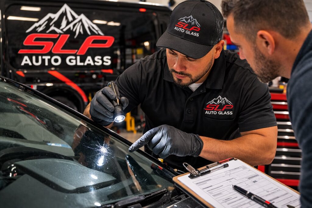 SLP Autoglass technician inspecting windshield chip damage during professional auto glass inspection