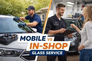 Mobile vs in shop glass service technician repairing windshield and assisting customer at auto glass shop SLP Autoglass
