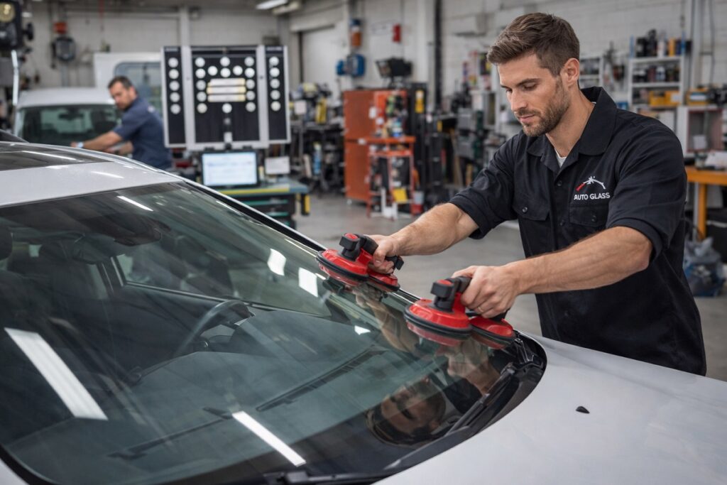 Auto glass technician installing windshield with precision tools inside shop SLP Autoglass