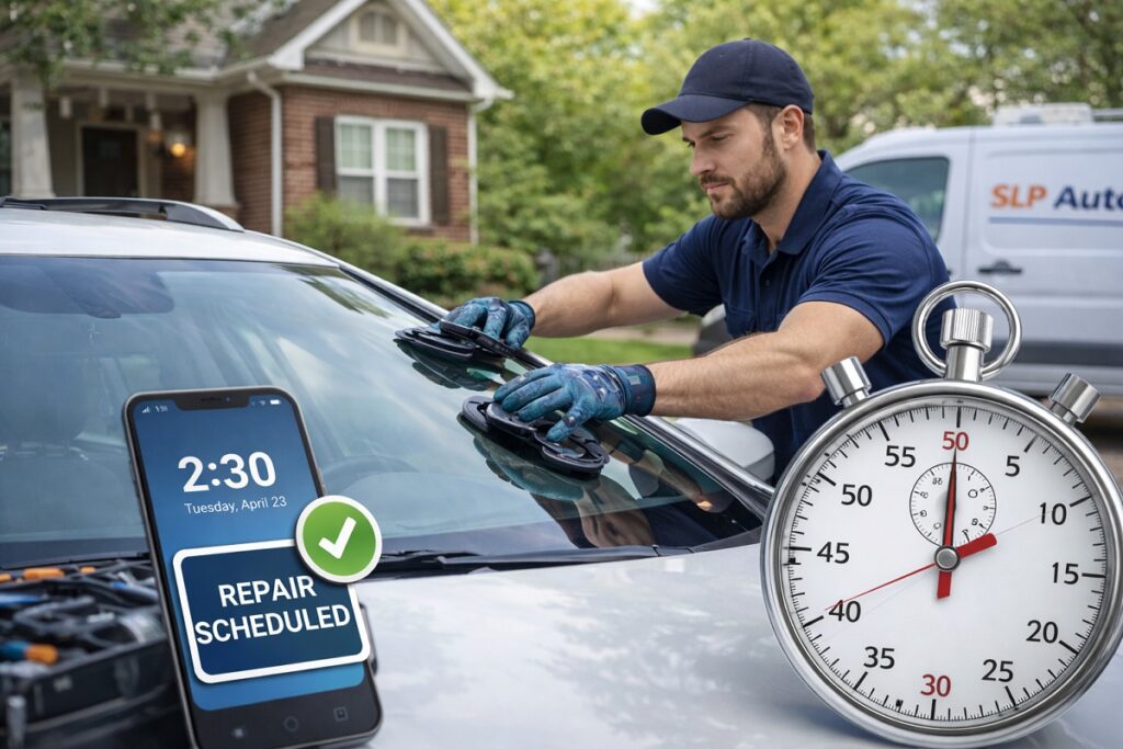 Mobile auto glass technician replacing windshield with scheduled repair timing SLP Autoglass