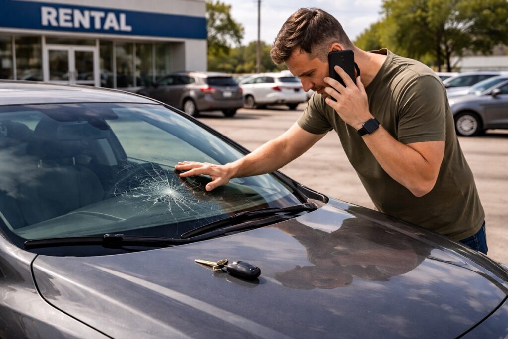 Man inspecting cracked windshield on rental car while calling for auto glass repair