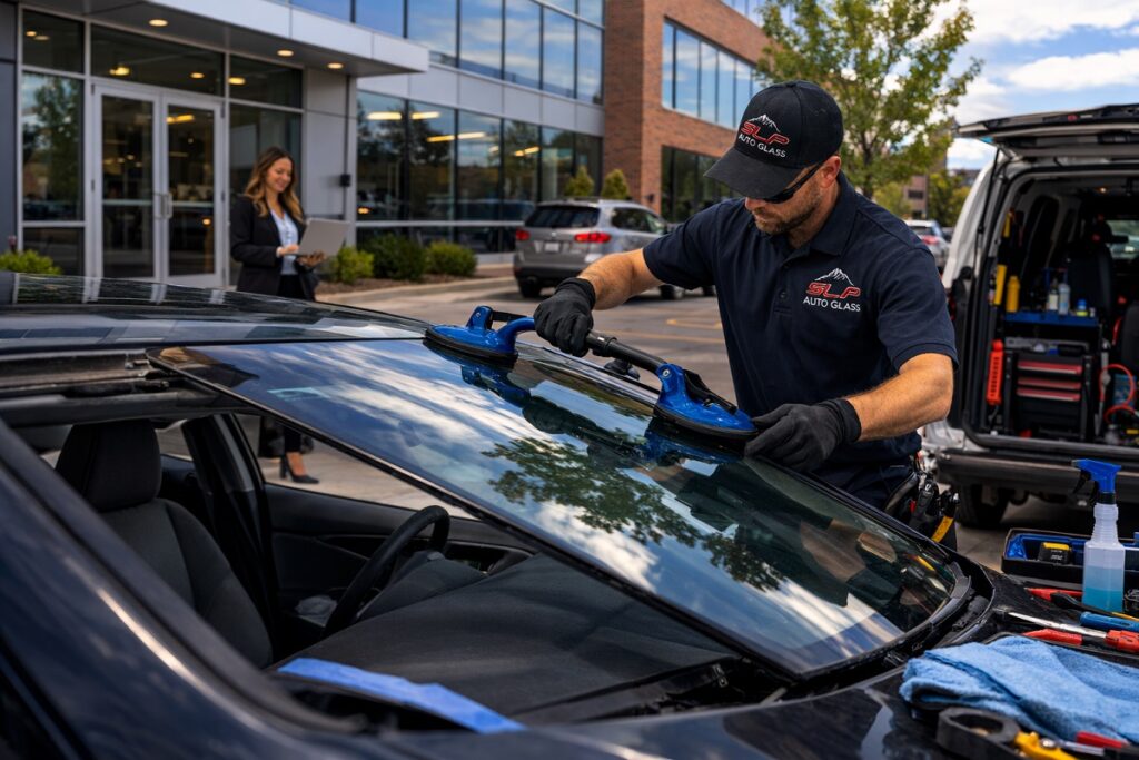 SLP Autoglass technician performing mobile windshield replacement at an office parking lot in Denver