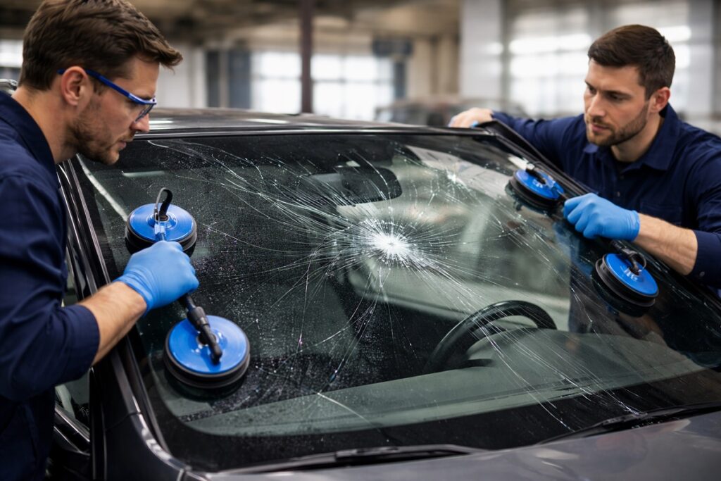 Technicians replacing severely cracked windshield using suction tools at SLP Autoglass