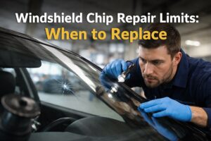 Technician inspecting windshield chip damage to evaluate windshield chip repair limits at SLP Autoglass