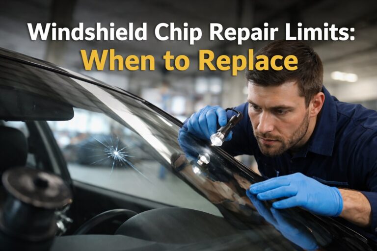 Technician inspecting windshield chip damage to evaluate windshield chip repair limits at SLP Autoglass