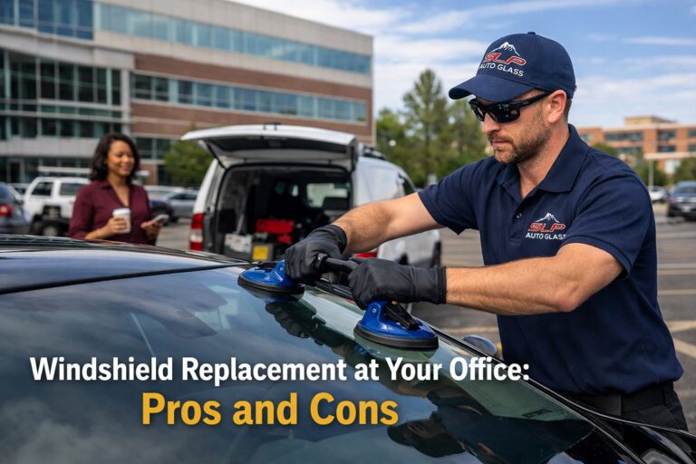 SLP Autoglass technician performing windshield replacement at an office parking lot in Denver