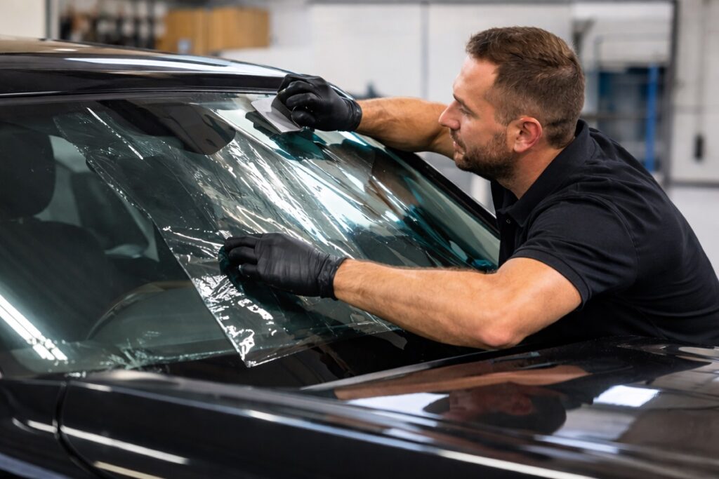 Technician applying windshield protection film to prevent rock chips and extend auto glass life