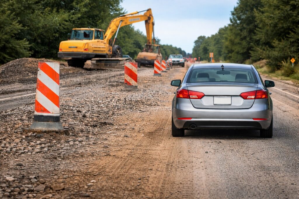 Car driving slowly through construction zone with loose gravel to avoid rock chips on windshield