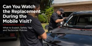 Technician performing mobile windshield replacement while customer observes safely nearby
