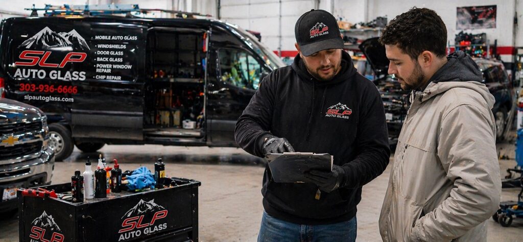 SLP Auto Glass technician reviewing warranty service details with customer in auto shop