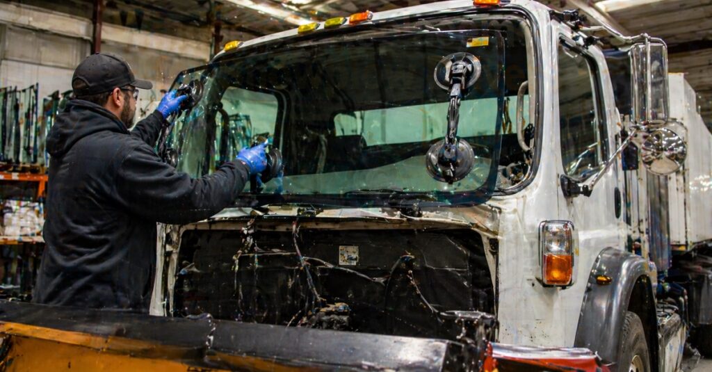 Technician installing durable windshield on snowplow truck in workshop