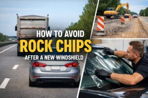Driver maintaining safe distance behind truck with technician applying windshield protection film