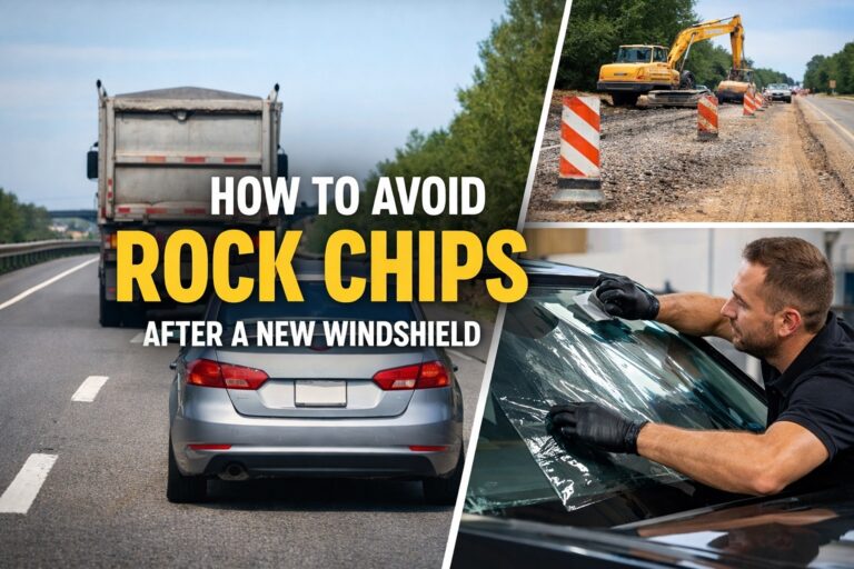 Driver maintaining safe distance behind truck with technician applying windshield protection film