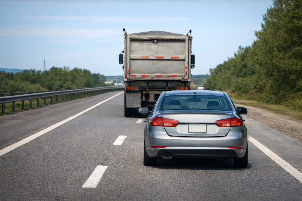 Car maintaining safe following distance behind truck on highway to help avoid rock chips on windshield