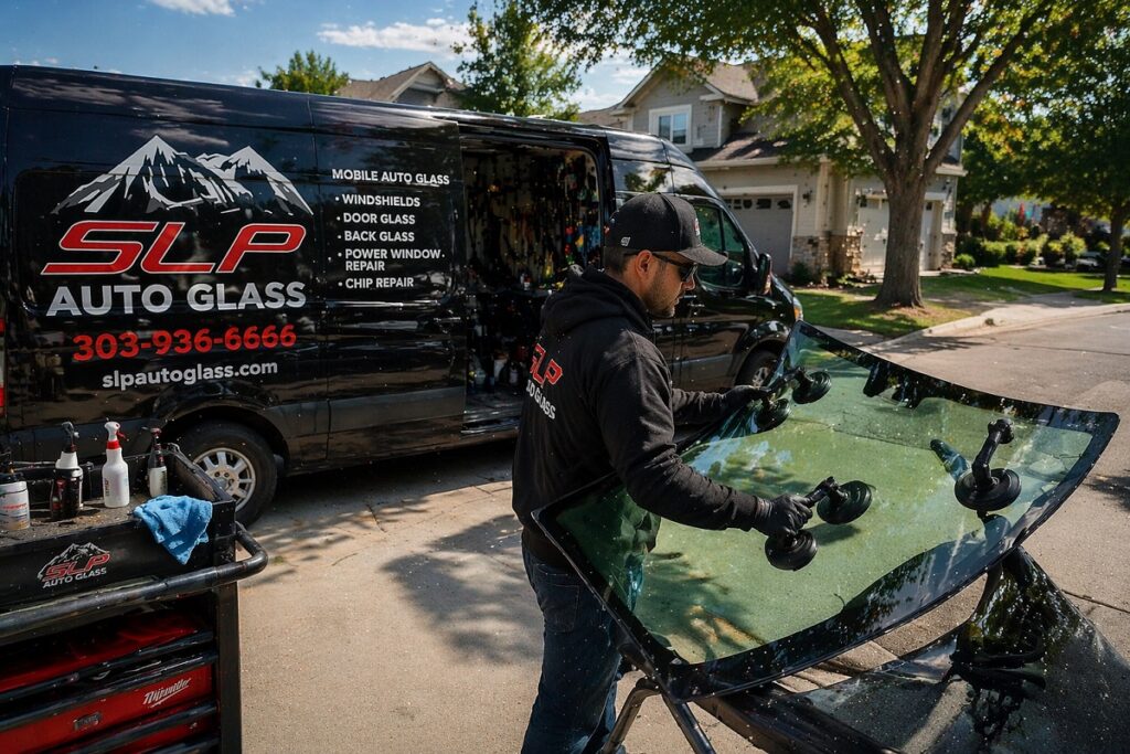 Mobile auto glass technician performing windshield service with SLP Auto Glass van on site