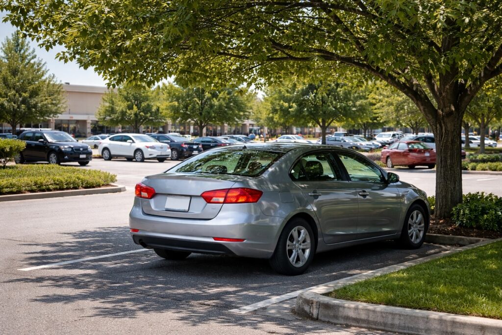 Car parked in shaded area away from traffic to reduce risk of rock chips on windshield