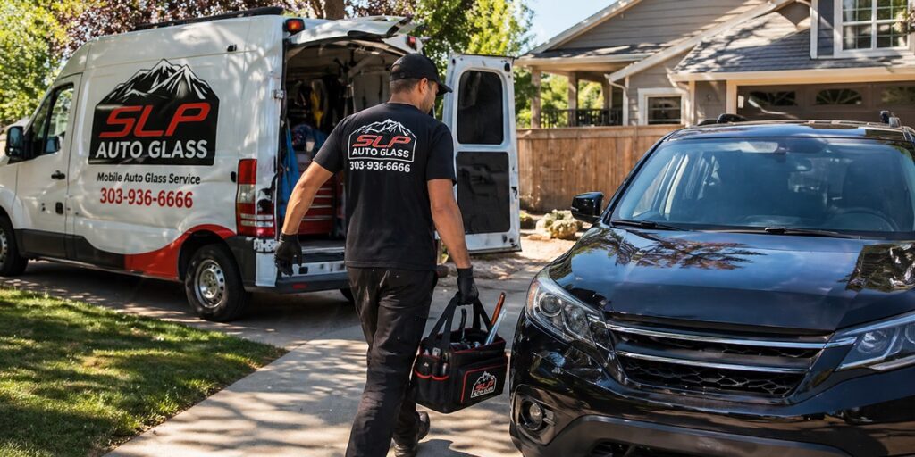 SLP Autoglass technician preparing for mobile windshield replacement with service van and tools on site