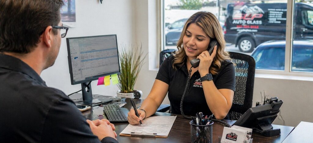 SLP Auto Glass representative assisting customer with warranty claim in office setting