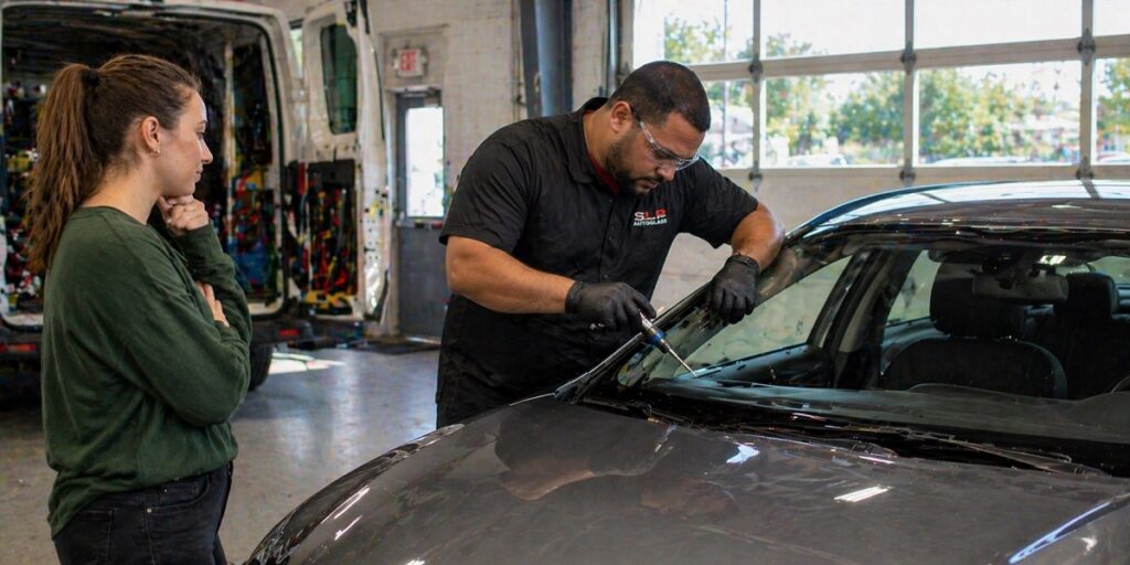 SLP Autoglass technician replacing windshield while customer observes process in professional garage setting