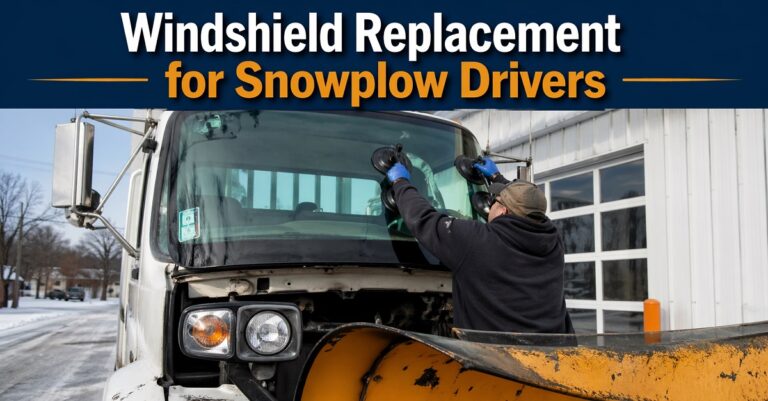 Technician replacing snowplow truck windshield in winter conditions