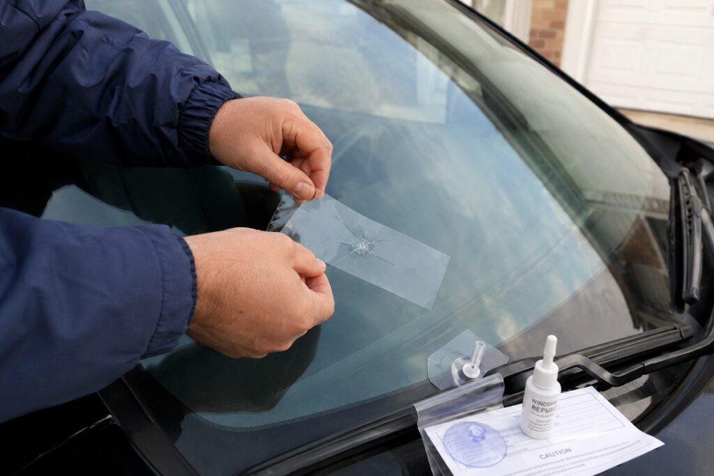 Temporary windshield crack repair using clear tape and repair resin on auto glass