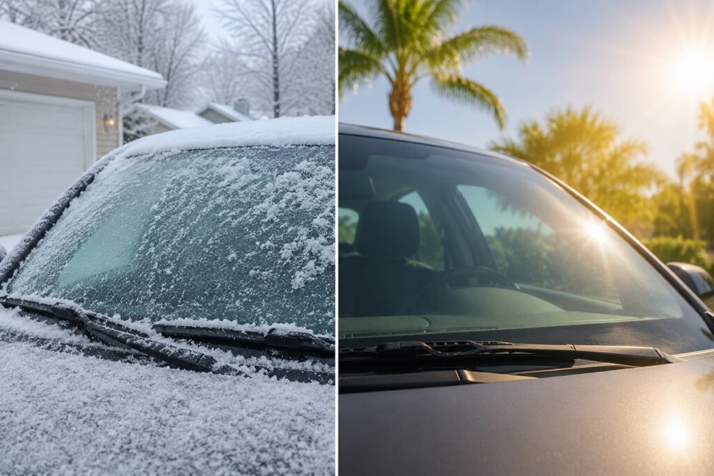 Car windshield exposed to hot and cold temperatures to prevent windshield cracks