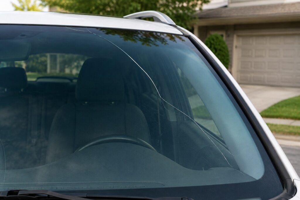 Stress crack across SUV windshield parked in residential area