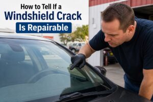 Technician inspecting windshield crack to determine if repairable