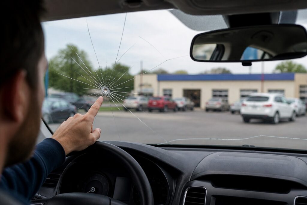 Windshield crack in driver line of sight showing damage location for repair by SLP Autoglass