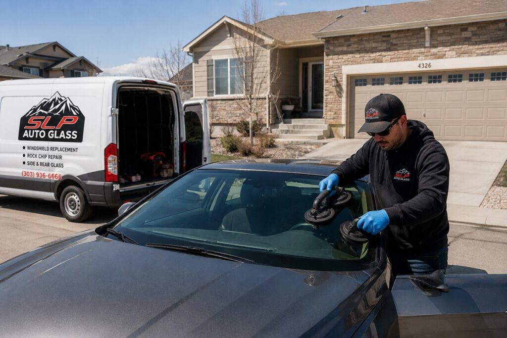 SLP Autoglass mobile windshield replacement service at a Colorado residential home.