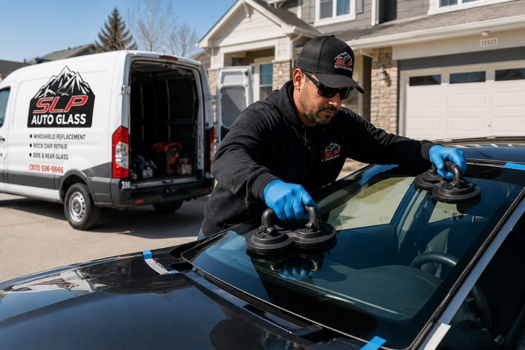 SLP Autoglass technician performing professional mobile windshield installation at a residential home.