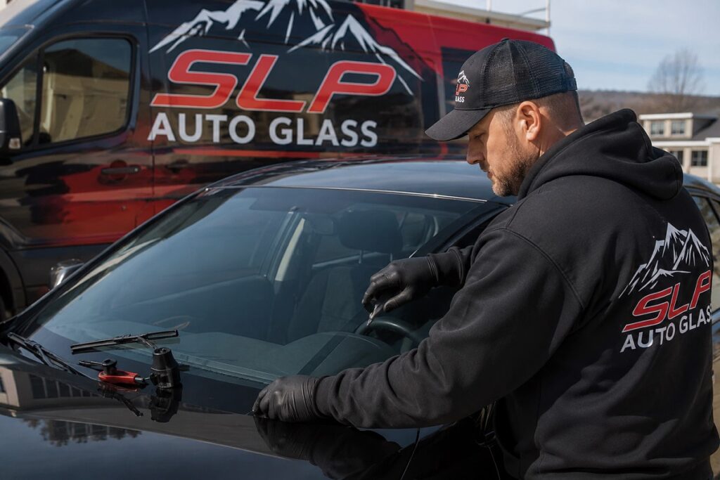 SLP Autoglass technician performing professional windshield repair service