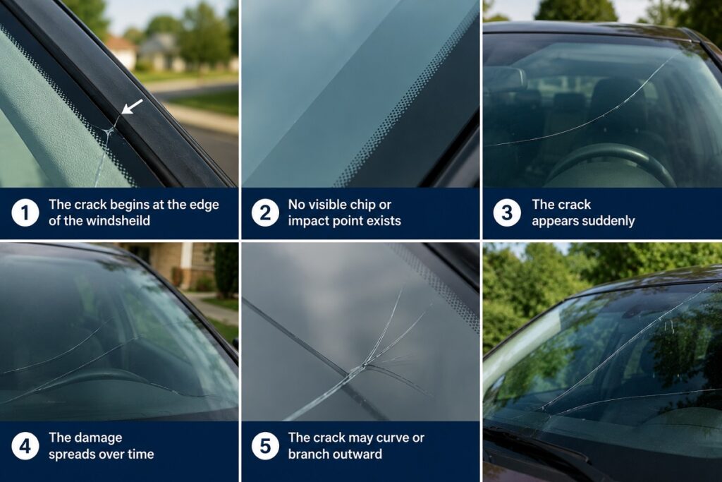 Signs of stress cracks in auto glass windshield damage.