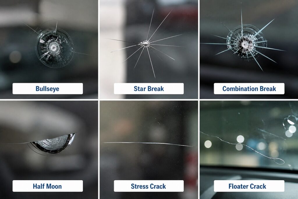 Different types of windshield cracks labeled for repair assessment by SLP Autoglass